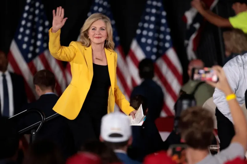 US Sen. Marsha Blackburn (R-TN) waves as she arrives for a town hall with former US President and Republican presidential candidate Donald Trump at Macomb Community College in Warren, Michigan, on September 27, 2024. (Photo by JEFF KOWALSKY / AFP) (Photo by JEFF KOWALSKY/AFP via Getty Images)