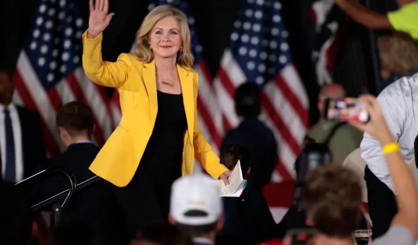 US Sen. Marsha Blackburn (R-TN) waves as she arrives for a town hall with former US President and Republican presidential candidate Donald Trump at Macomb Community College in Warren, Michigan, on September 27, 2024. (Photo by JEFF KOWALSKY / AFP) (Photo by JEFF KOWALSKY/AFP via Getty Images)