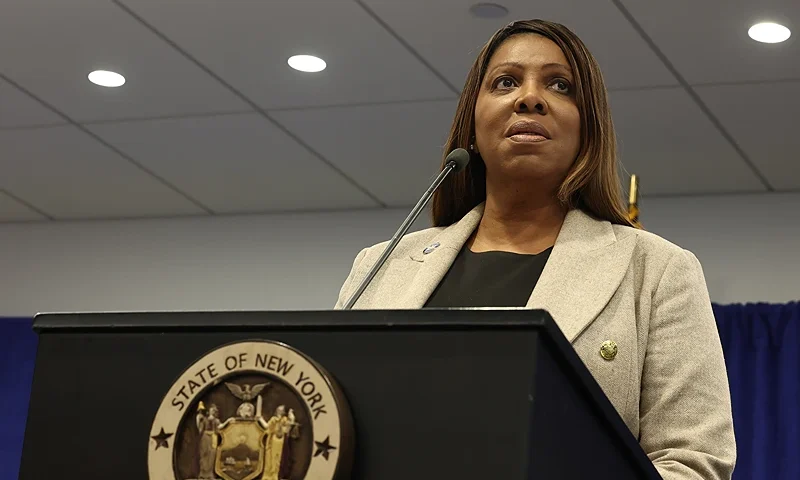 NEW YORK, NEW YORK - JANUARY 08: NY Attorney General Letitia James speaks during a press conference at the offices of the Attorney General on January 08, 2025 in New York City. James spoke about new measures to stop transportation companies from the use of fake billing schemes to steal from Medicaid and vulnerable patients.The attorney general issued cease and desist notices to 54 transportation companies throughout NY. (Photo by Michael M. Santiago/Getty Images)