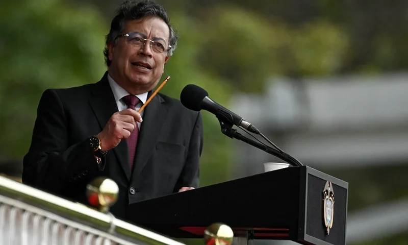 Colombian President Gustavo Petro (C) speaks during the swearing-in of the new National Police Director, General Carlos Triana, at the General Santander Police School in Bogota on February 18, 2025. (Photo by Luis ACOSTA / AFP) (Photo by LUIS ACOSTA/AFP via Getty Images)