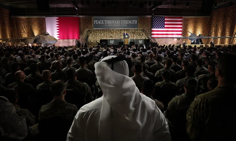DOHA, QATAR - MAY 15: U.S. President Donald J. Trump delivers remarks at the Al Udeid Air Base to U.S. military personnel and Qatari military personnel on May 15, 2025, in Doha, Qatar. Trump is on the third day of his visit to the Gulf to underscore the strategic partnership between the United States and Qatar, focusing on regional security and economic collaboration. (Photo by Win McNamee/Getty Images)