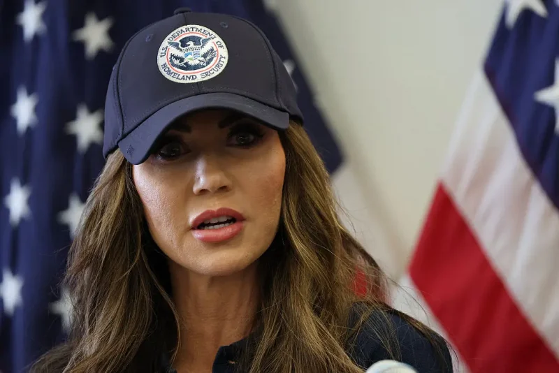 US Department of Homeland Security Secretary Kristi Noem speaks during a news conference at the Wilshire Federal Building in Los Angeles on June 12, 2025. US President Donald Trump said Thursday that Los Angeles was "safe and sound" for the past two nights, crediting his deployment of thousands of troops to quell anti-deportation protests, as California prepared for a legal showdown over his unprecedented move. With protests spreading across the United States, a night-time curfew has been in place in its second-largest city with authorities tackling vandalism and looting that scarred a few city blocks. (Photo by Patrick T. Fallon / AFP) (Photo by PATRICK T. FALLON/AFP via Getty Images)