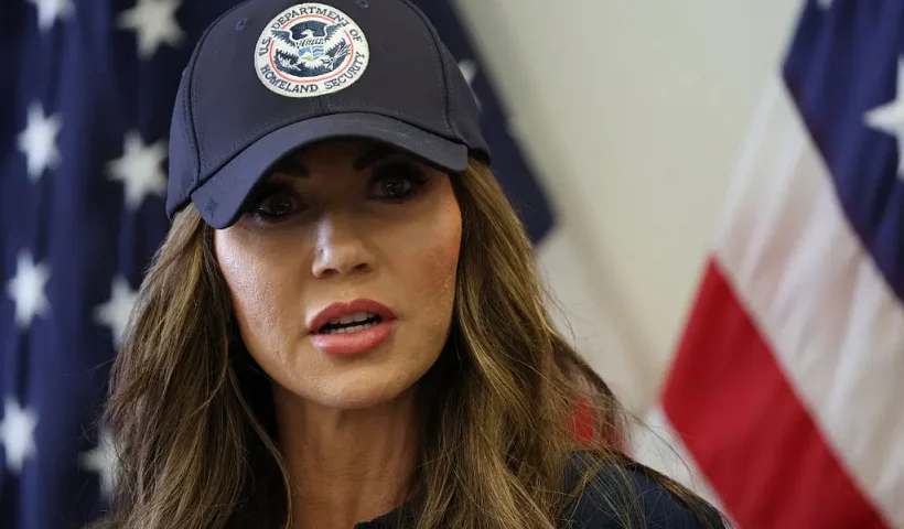 US Department of Homeland Security Secretary Kristi Noem speaks during a news conference at the Wilshire Federal Building in Los Angeles on June 12, 2025. US President Donald Trump said Thursday that Los Angeles was "safe and sound" for the past two nights, crediting his deployment of thousands of troops to quell anti-deportation protests, as California prepared for a legal showdown over his unprecedented move. With protests spreading across the United States, a night-time curfew has been in place in its second-largest city with authorities tackling vandalism and looting that scarred a few city blocks. (Photo by Patrick T. Fallon / AFP) (Photo by PATRICK T. FALLON/AFP via Getty Images)