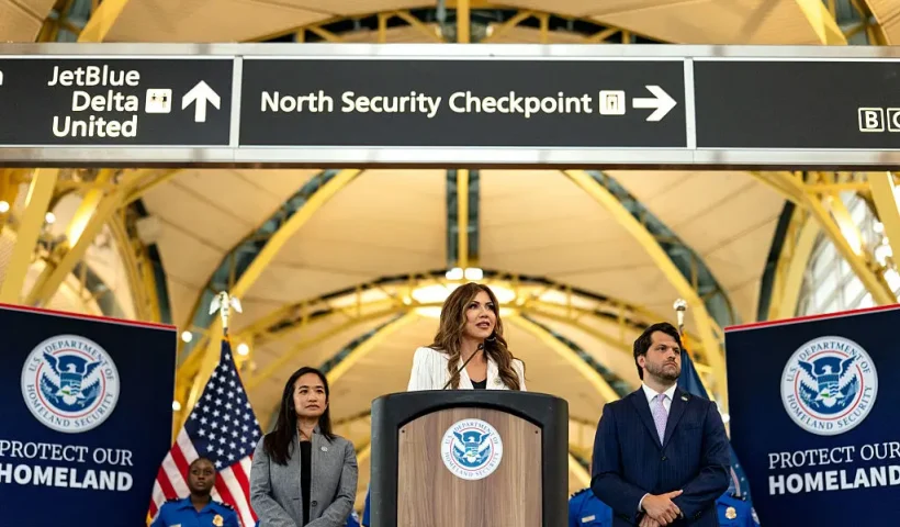 ARLINGTON, VA - JULY 8: U.S. Secretary of Homeland Security Kristi Noem, flanked by Deputy Administrator of the Transportation Security Administration Ha McNeil and Adam Stahl, TSA Senior Official Performing the Duties of the Administrator, speaks during a news conference at Ronald Reagan Washington National Airport on July 8, 2025 in Arlington, Virginia. For the first time in nearly two decades, the TSA is easing its shoe removal rule introduced five years after a 2001 shoe-bombing attempt by allowing some travelers to keep their shoes on at security checkpoints. (Photo by Kent Nishimura/Getty Images)