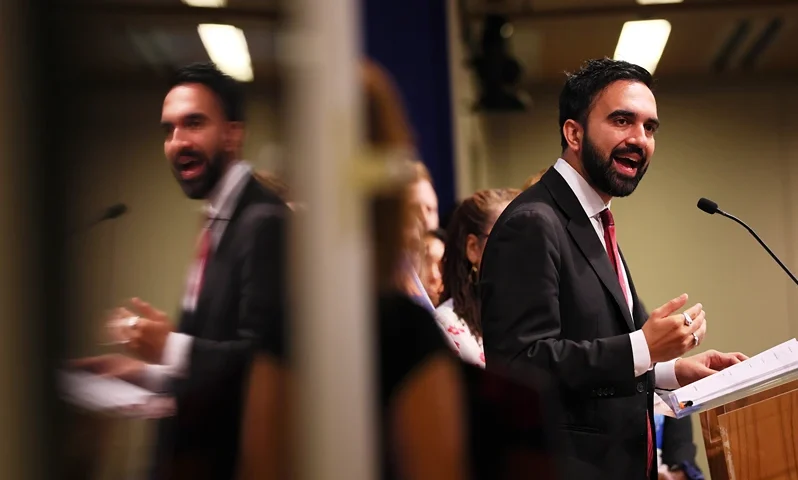 NEW YORK, NEW YORK - JULY 09: New York Mayoral Candidate Zohran Mamdani speaks during a press conference at the United Federation of Teachers (UFT) headquarters on July 09, 2025 in New York City. Mamdani spoke during a press conference alongside UTF President Michael Mulgrew, Chapter leader Dr. Terrain Reeves and members of UTF as he received the endorsement of the teachers union. (Photo by Michael M. Santiago/Getty Images)