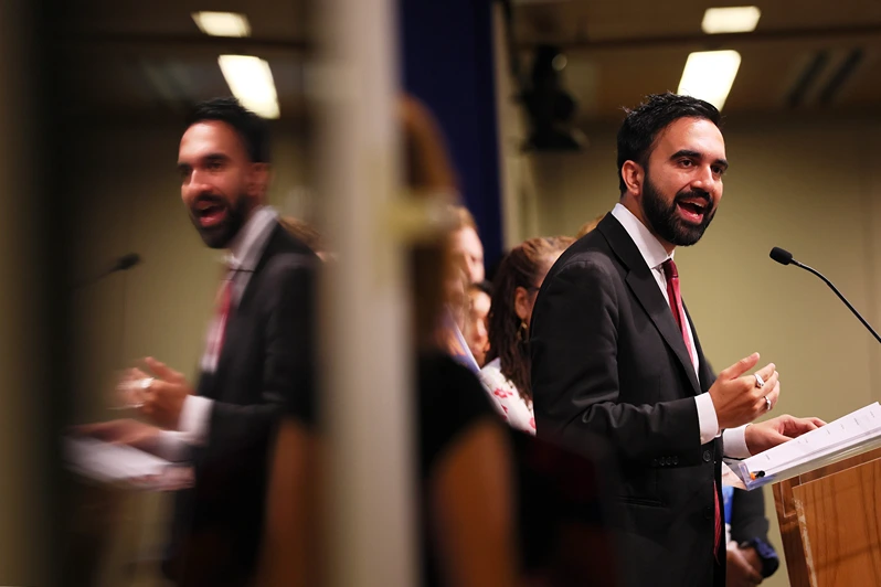 NEW YORK, NEW YORK - JULY 09: New York Mayoral Candidate Zohran Mamdani speaks during a press conference at the United Federation of Teachers (UFT) headquarters on July 09, 2025 in New York City. Mamdani spoke during a press conference alongside UTF President Michael Mulgrew, Chapter leader Dr. Terrain Reeves and members of UTF as he received the endorsement of the teachers union. (Photo by Michael M. Santiago/Getty Images)