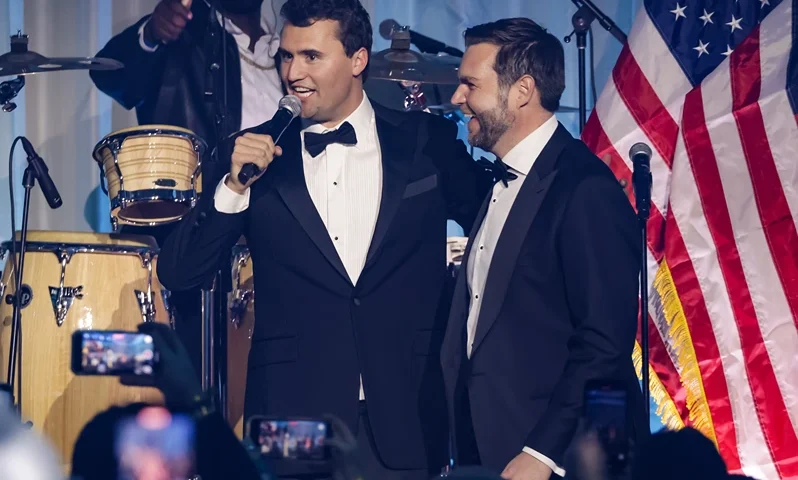 WASHINGTON, DC - JANUARY 19: Charlie Kirk introduces U.S. Vice President-elect JD Vance on stage during the Turning Point USA Inaugural-Eve Ball at the Salamander Hotel on January 19, 2025 in Washington, DC. (Photo by Samuel Corum/Getty Images)