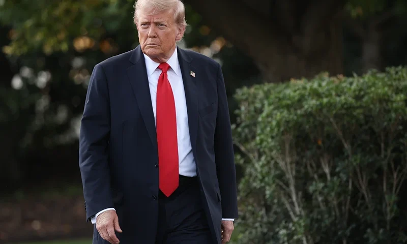 WASHINGTON, DC - SEPTEMBER 11: U.S. President Donald walks toward reporters while departing the White House on September 11, 2025 in Washington, DC. Trump is scheduled to travel to New York City this evening. (Photo by Win McNamee/Getty Images)