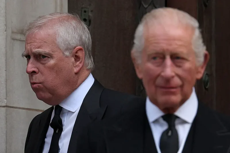 TOPSHOT - Britain's Prince Andrew, Duke of York (L) and Britain's King Charles III leave following a Requiem Mass, a Catholic funeral service, for the late Katharine, Duchess of Kent, at Westminster Cathedral in London on September 16, 2025. Britain's Duchess of Kent, known for her links to the Wimbledon tennis tournament and for anonymously teaching music at a primary school. The duchess, a talented pianist, organist and singer, was born Katharine Worsley into an aristocratic family in Yorkshire, northern England. (Photo by Adrian Dennis / AFP) (Photo by ADRIAN DENNIS/AFP via Getty Images)