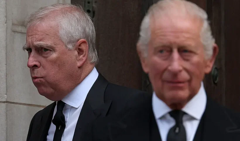 TOPSHOT - Britain's Prince Andrew, Duke of York (L) and Britain's King Charles III leave following a Requiem Mass, a Catholic funeral service, for the late Katharine, Duchess of Kent, at Westminster Cathedral in London on September 16, 2025. Britain's Duchess of Kent, known for her links to the Wimbledon tennis tournament and for anonymously teaching music at a primary school. The duchess, a talented pianist, organist and singer, was born Katharine Worsley into an aristocratic family in Yorkshire, northern England. (Photo by Adrian Dennis / AFP) (Photo by ADRIAN DENNIS/AFP via Getty Images)