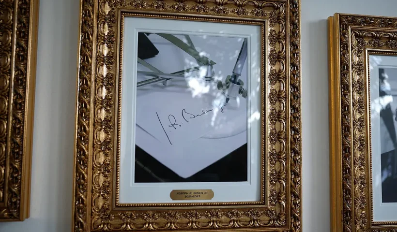 WASHINGTON, DC - SEPTEMBER 26: U.S. President Joe Biden's signature and an autopen are seen along the "The Presidential Walk of Fame" on the wall of the colonnade outside of the Oval Office at the White House on September 26, 2025 in Washington, DC. Under pressure from Trump, the DOJ indicted Former FBI Director James Comey on counts of making false statements and obstruction of a congressional proceeding related to the September 2020 Russia investigation. (Photo by Kevin Dietsch/Getty Images)