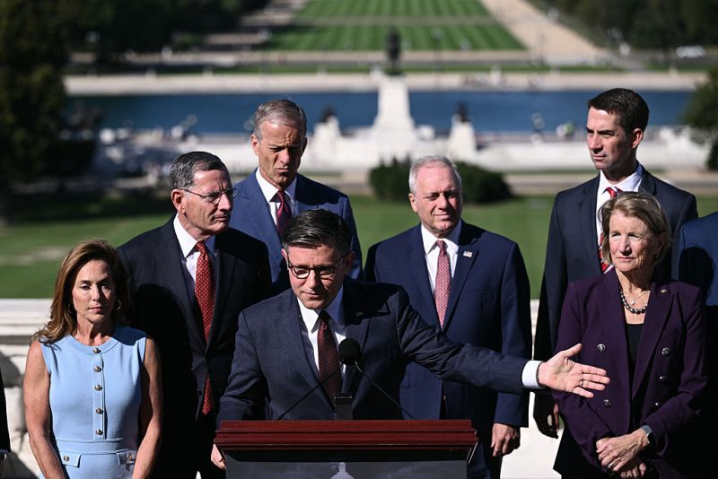 US Speaker of the House Mike Johnson (C), Republican from Louisiana, leads a news conference with Republican Congressional leadership outside the US Capitol on the first day of the US government shutdown in Washington, DC, on October 1, 2025. The US government began shutting down after midnight on October 1 as lawmakers and President Donald Trump failed to break a budget impasse during acrimonious talks that hinged on Democratic demands for health care funding. (Photo by Brendan SMIALOWSKI / AFP) (Photo by BRENDAN SMIALOWSKI/AFP via Getty Images)