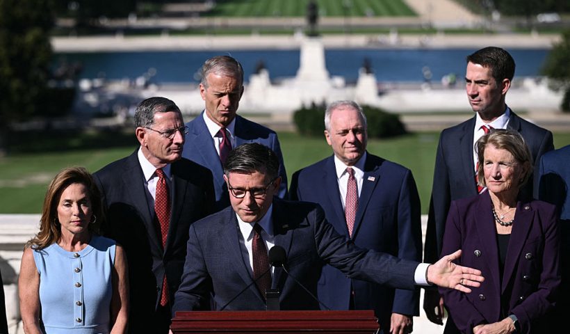 US Speaker of the House Mike Johnson (C), Republican from Louisiana, leads a news conference with Republican Congressional leadership outside the US Capitol on the first day of the US government shutdown in Washington, DC, on October 1, 2025. The US government began shutting down after midnight on October 1 as lawmakers and President Donald Trump failed to break a budget impasse during acrimonious talks that hinged on Democratic demands for health care funding. (Photo by Brendan SMIALOWSKI / AFP) (Photo by BRENDAN SMIALOWSKI/AFP via Getty Images)
