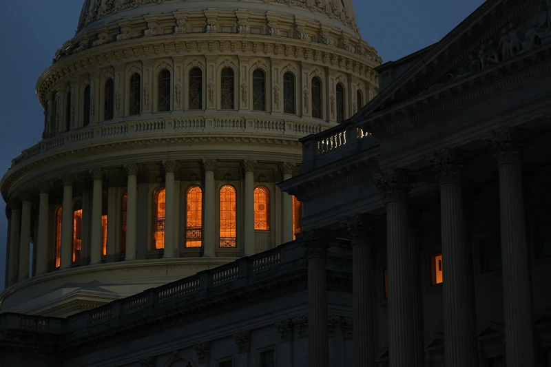 WASHINGTON, DC - SEPTEMBER 29: A view of the U.S. Capitol as the sun sets on September 29, 2025 in Washington, DC. House and Senate leadership met with President Donald Trump earlier in the day at the White House to try and avoid a government shutdown at midnight September 30. (Photo by Anna Moneymaker/Getty Images)