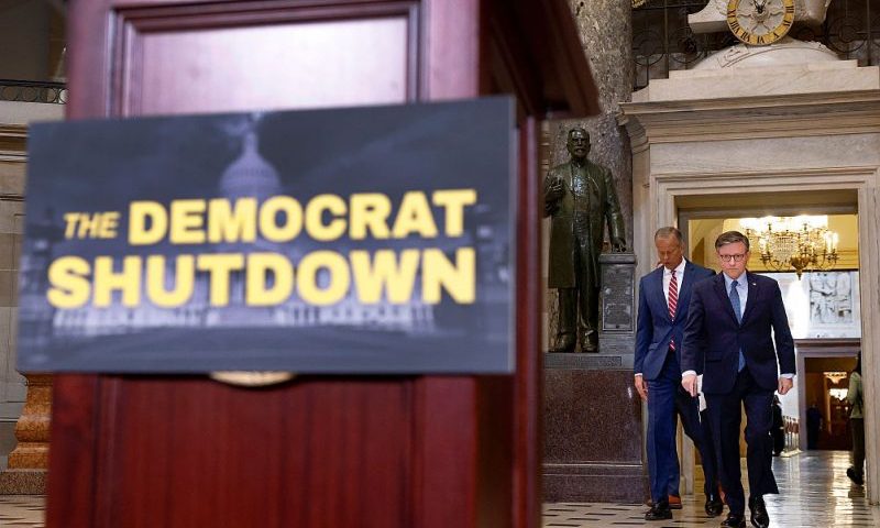 WASHINGTON, DC - OCTOBER 03: U.S. Speaker of the House Mike Johnson (R-LA) and Senate Majority Leader John Thune (R-SD) arrive for a news conference in Statuary Hall at the U.S. Capitol Building on October 3, 2025 in Washington, DC. The federal government shut down early Wednesday after Congress and the White House failed to reach a funding deal. (Photo by Kevin Dietsch/Getty Images)