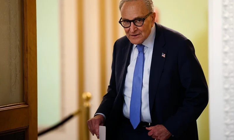 WASHINGTON, DC - OCTOBER 03: U.S. Senate Minority Leader Charles Schumer (D-NY) arrives for a press conference at the U.S. Capitol Building on October 3, 2025 in Washington, DC. The federal government shut down early Wednesday after Congress and the White House failed to reach a funding deal. (Photo by Kevin Dietsch/Getty Images)