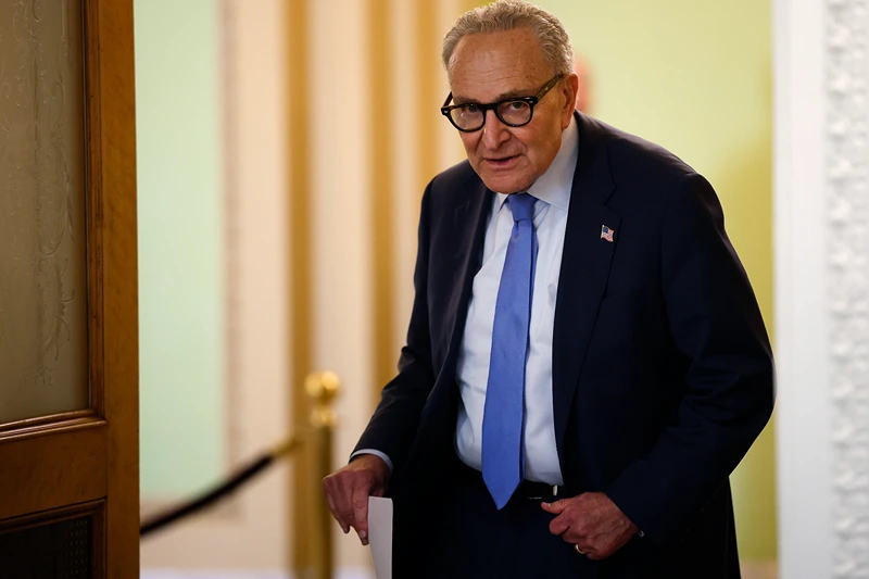 WASHINGTON, DC - OCTOBER 03: U.S. Senate Minority Leader Charles Schumer (D-NY) arrives for a press conference at the U.S. Capitol Building on October 3, 2025 in Washington, DC. The federal government shut down early Wednesday after Congress and the White House failed to reach a funding deal. (Photo by Kevin Dietsch/Getty Images)