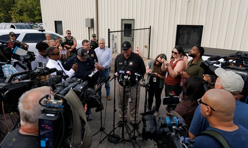 MCEWEN, TENNESSEE - OCTOBER 10: Humphreys County Sheriff Chris Davis speaks to media at Accurate Energetic Systems on October 10, 2025 in McEwen, Tennessee. An explosion this morning at Accurate Energetic Systems military munitions plant has left over a dozen people missing, with multiple fatalities reported. (Photo by Brett Carlsen/Getty Images)