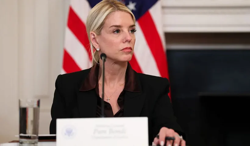 WASHINGTON, DC - OCTOBER 08: U.S. Attorney General Pam Bondi looks on during a roundtable discussion in the State Dining Room of the White House on October 08, 2025 in Washington, DC. Trump’s administration held the roundtable to discuss the anti-fascist Antifa movement after signing an executive order designating it as a “domestic terrorist organization”. (Photo by Anna Moneymaker/Getty Images)