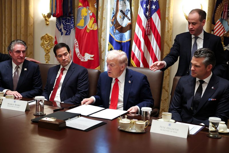WASHINGTON, DC - OCTOBER 09: U.S. President Donald Trump prepares to sign a Presidential Proclamation for Columbus Day during a Cabinet meeting at the White House on October 09, 2025 in Washington, DC. Trump spoke on the Israel and Hamas ceasefire and hostage deal, prescription drug costs and the government shutdown during the meeting. Trump was joined by Interior Secretary Doug Burgum, Secretary of State Marco Rubio and Defense Secretary Pete Hegseth. (Photo by Anna Moneymaker/Getty Images)