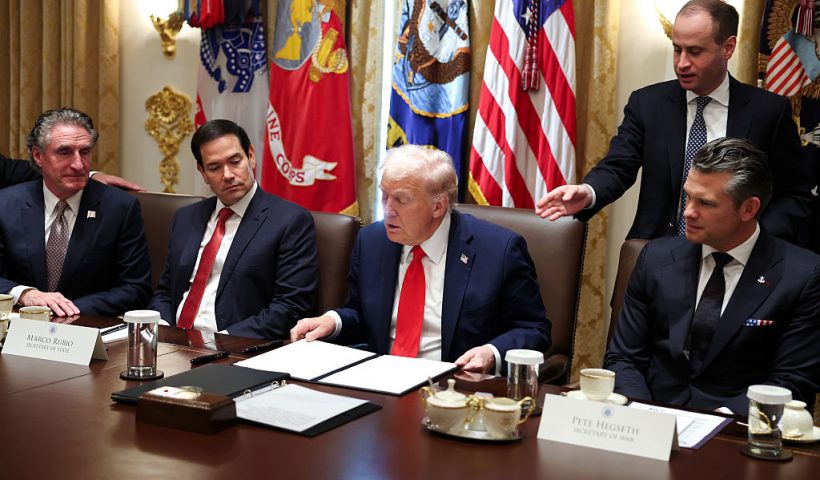 WASHINGTON, DC - OCTOBER 09: U.S. President Donald Trump prepares to sign a Presidential Proclamation for Columbus Day during a Cabinet meeting at the White House on October 09, 2025 in Washington, DC. Trump spoke on the Israel and Hamas ceasefire and hostage deal, prescription drug costs and the government shutdown during the meeting. Trump was joined by Interior Secretary Doug Burgum, Secretary of State Marco Rubio and Defense Secretary Pete Hegseth. (Photo by Anna Moneymaker/Getty Images)