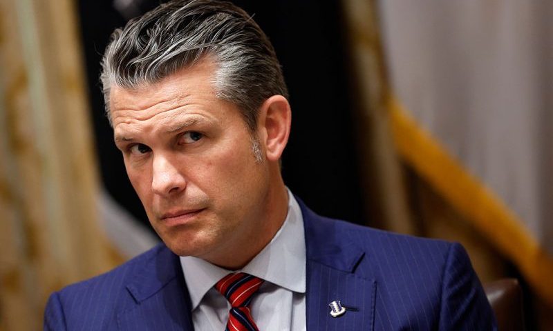 WASHINGTON, DC - OCTOBER 14: U.S. Secretary of War Pete Hegseth during a meeting with U.S. President Donald Trump and President of Argentina Javier Milei in the Cabinet Room at the White House on October 14, 2025 in Washington, DC. Trump is hosting Milei for a working lunch days after the U.S. Treasury finalized a $20 billion currency swap framework with Argentina in an effort to help stabilize its economy. (Photo by Kevin Dietsch/Getty Images)