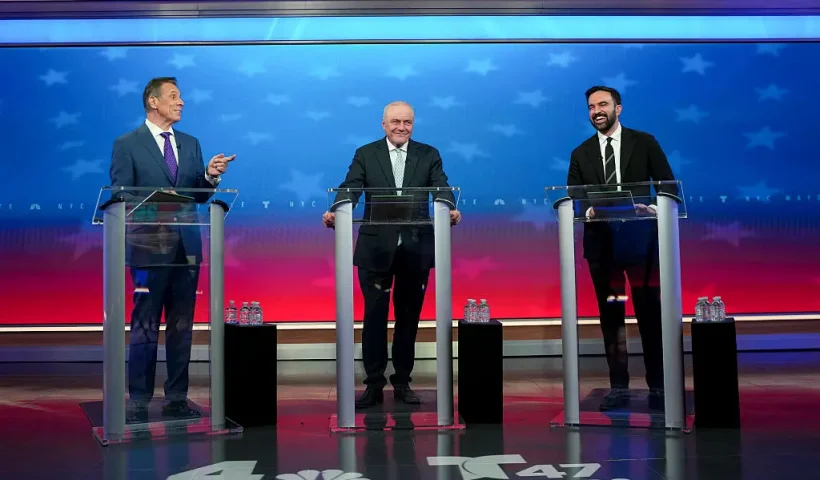 NEW YORK, NY - OCTOBER 16: (L-R) Mayoral candidates, Independent nominee former New York Gov. Andrew Cuomo, Republican nominee Curtis Sliwa and Democratic nominee Zohran Mamdani participate in a mayoral debate at Rockefeller Center on October 16, 2025 in New York City. The candidates for New York City mayor are facing off in their first debate ahead of the November 4 election. (Photo by Angelina Katsanis-Pool/Getty Images)