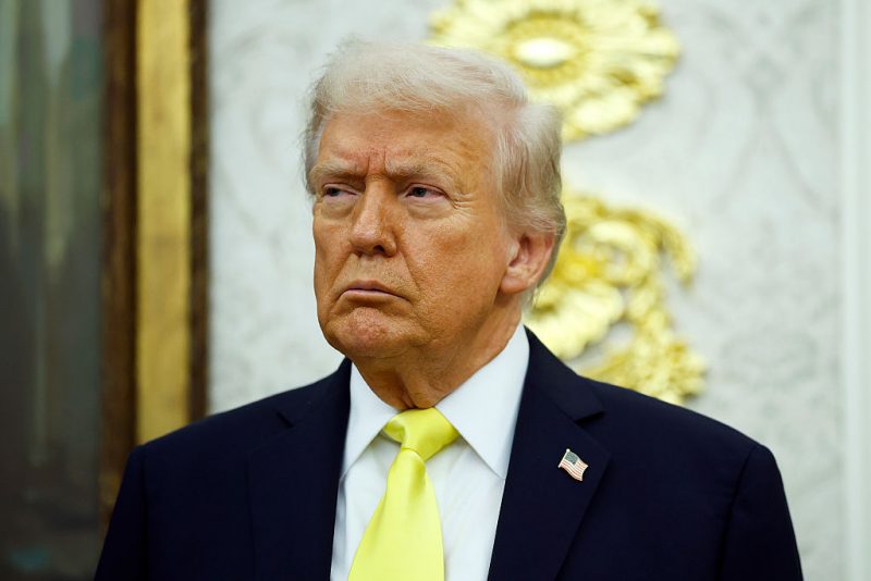 WASHINGTON, DC - OCTOBER 15: U.S. President Donald Trump looks on during a press conference in the Oval Office of the White House on October 15, 2025 in Washington, DC. Trump and Federal Bureau of Investigation Director Kash Patel provided an update on the Trump administration’s progress in reducing violent crime. (Photo by Kevin Dietsch/Getty Images)