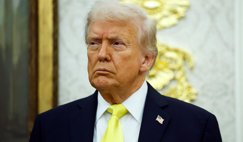 WASHINGTON, DC - OCTOBER 15: U.S. President Donald Trump looks on during a press conference in the Oval Office of the White House on October 15, 2025 in Washington, DC. Trump and Federal Bureau of Investigation Director Kash Patel provided an update on the Trump administration’s progress in reducing violent crime. (Photo by Kevin Dietsch/Getty Images)