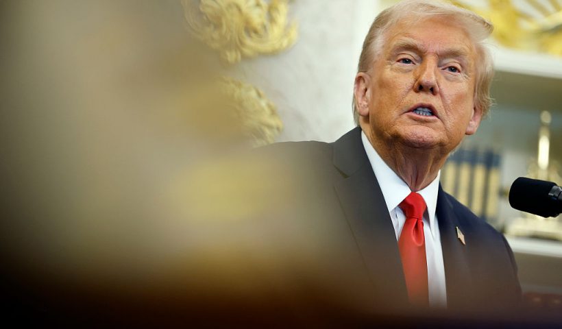 WASHINGTON, DC - OCTOBER 16: U.S. President Donald Trump answers questions from reporters during an event in the Oval Office of the White House on October 16, 2025 in Washington, DC. Trump outlined plans to expand vitro fertilization (IVF) access by encouraging workplace benefits to include access to IVF and infertility coverage. (Photo by Kevin Dietsch/Getty Images)