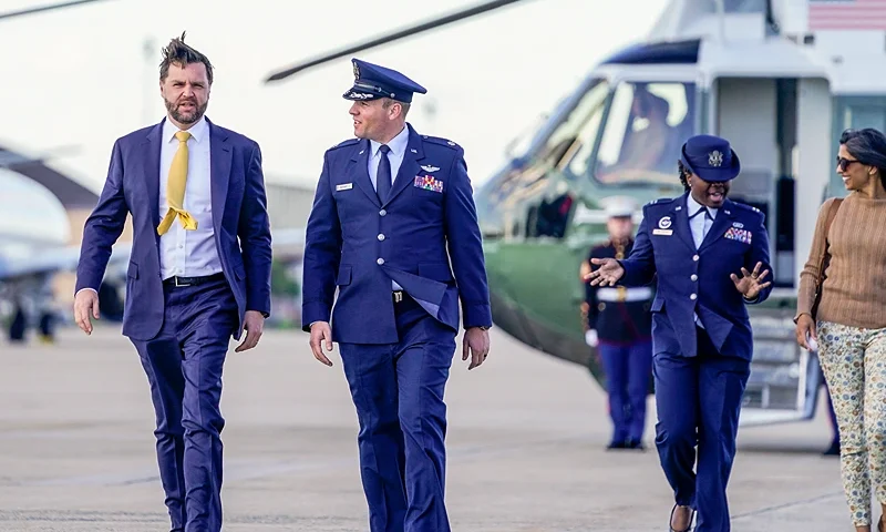 US Vice President JD Vance (L) and Second Lady Usha Vance (R) board Air Force Two en route to Israel at Joint Base Andrews on October 20, 2025. (Photo by NATHAN HOWARD/POOL/AFP via Getty Images)