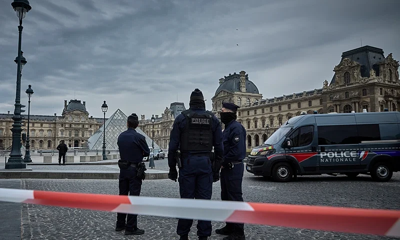 PARIS, FRANCE - OCTOBER 19: French Police officers seal off the entrance to the Louvre Museum after a Jewllery Heist on October 19, 2025 in Paris, France. France's Culture Minister, Rachida Dati, announced the closure of the world-famous art museum on X due to the robbery taking place just after the Louvre opened to the public. It is being reported that millions of pound with of historic jewellery belonging to Napoleon and Empress Josephine has been stolen. (Photo by Kiran Ridley/Getty Images)