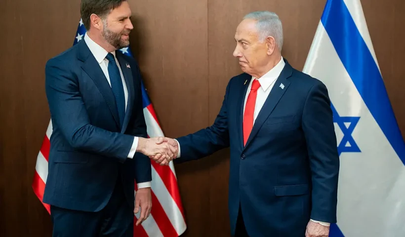 US Vice President JD Vance (L) meets with Israeli Prime Minister Benjamin Netanyahu at the prime minister's office in Jerusalem on October 22, 2025. Vance on October 22 cautioned there were challenges ahead both in terms of disarming Hamas and rebuild Gaza as part of a US-brokered ceasefire between Israel and the Palestinian militant movement. (Photo by Nathan HOWARD / POOL / AFP) (Photo by NATHAN HOWARD/POOL/AFP via Getty Images)