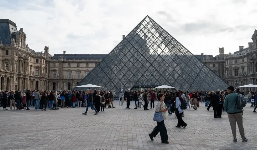 The Cour Napoleon with the Louvre Pyramid in the center of the courtyard, several visitors queue to enter the Louvre Museum upon its reopening after the burglary of several jewels on October 19 in Paris, France, October 22, 2025. The Louvre Museum reopened its doors on October 22 after three days of closure, following the burglary of which it was the victim. The museum reopens its doors this Wednesday, with the exception of the Apollo Gallery. (Photo by Riccardo Milani / Hans Lucas via AFP) (Photo by RICCARDO MILANI/Hans Lucas/AFP via Getty Images)