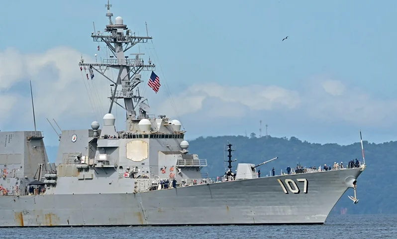 The USS Gravely warship arrives in Port of Spain on October 26, 2025. The US warship will visit Trinidad and Tobago for joint exercises near the coast of Venezuela amid Washington's campaign against alleged drug traffickers in the region. (Photo by Martin BERNETTI / AFP) (Photo by MARTIN BERNETTI/AFP via Getty Images)