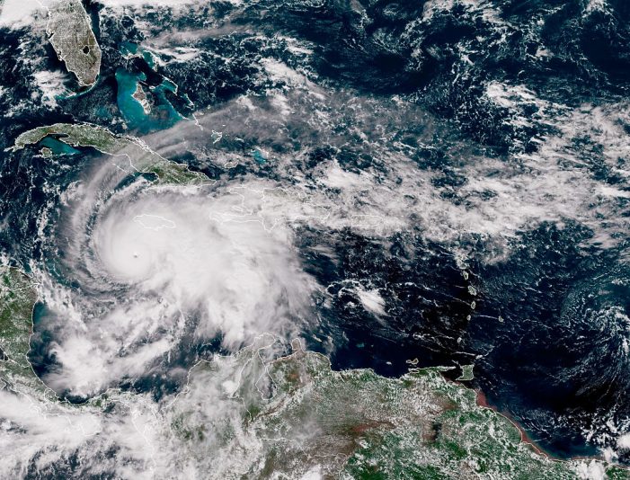 IN SPACE, CARIBBEAN SEA - OCTOBER 27: (EDITOR'S NOTE: This Handout image was provided by a third-party organization and may not adhere to Getty Images' editorial policy.) In this handout satellite image provided by the National Oceanic and Atmospheric Administration (NOAA), Hurricane Melissa churns northwest through the Caribbean Sea captured at 17:00Z on October 27, 2025. Hurricane Melissa has intensified into a Category 5 storm as it approaches Jamaica, according to the National Hurricane Center. (Photo by NOAA via Getty Images)