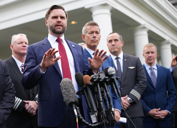 WASHINGTON, DC - OCTOBER 30: U.S. Vice President JD Vance, joined by Transportation Secretary Sean Duffy (R) and members of the airline industry, speaks to reporters outside the White House on October 30, 2025 in Washington, D.C. Vance spoke following a roundtable discussion with members of the aviation industry and Transportation Secretary Sean Duffy on the impacts of the government shutdown. (Photo by Kevin Dietsch/Getty Images)