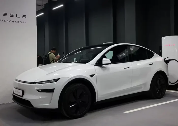 A Tesla Model Y is parked at a charging station in New Delhi, India, August 11, 2025. REUTERS/Bhawika Chhabra