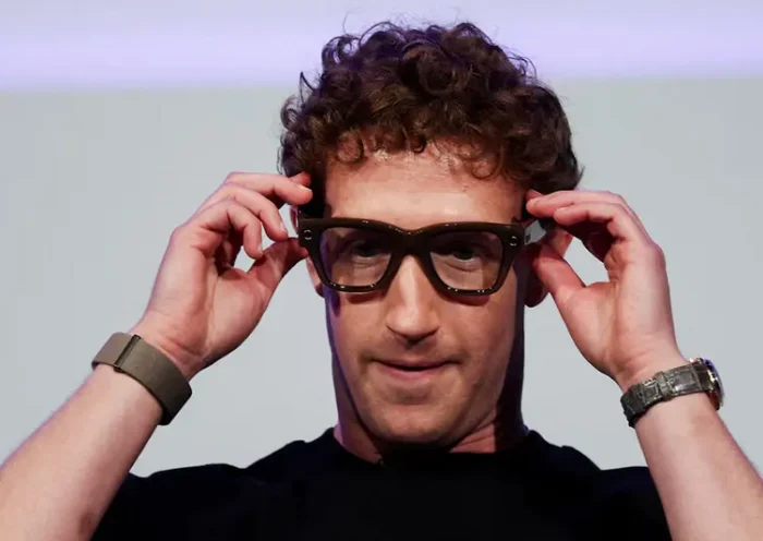 Meta CEO Mark Zuckerberg wears the Meta Ray-Ban Display glasses during the Meta Connect event at the company's headquarters in Menlo Park, California, U.S., September 17, 2025. REUTERS/Carlos Barria TPX IMAGES OF THE DAY