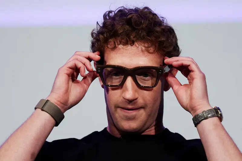 Meta CEO Mark Zuckerberg wears the Meta Ray-Ban Display glasses during the Meta Connect event at the company's headquarters in Menlo Park, California, U.S., September 17, 2025. REUTERS/Carlos Barria TPX IMAGES OF THE DAY