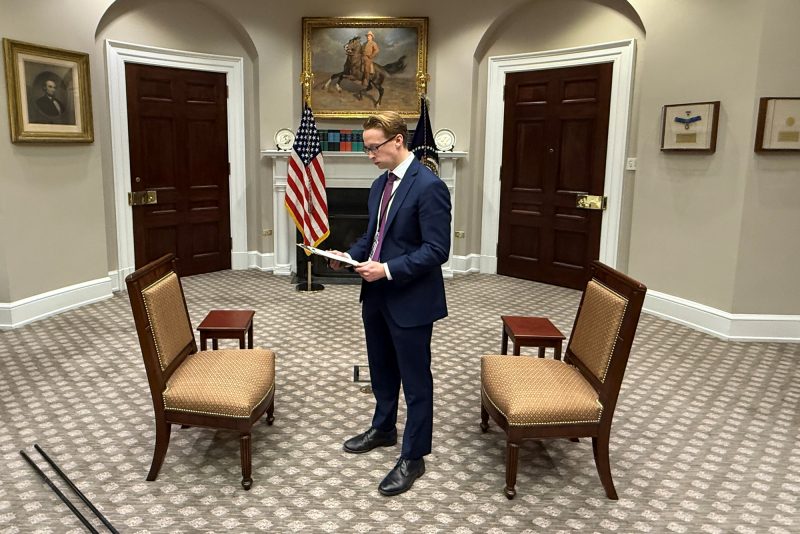 OAN’s Daniel Baldwin, in the Roosevelt Room in the White House, prepping for an exclusive interview with President Trump on October 1, 2025. (Photo courtesy: OAN)