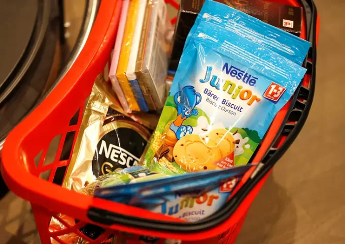 Shopping bag with Nestle products is pictured in the supermarket of Nestle headquarters in Vevey, Switzerland, February 13, 2020. REUTERS/Pierre Albouy