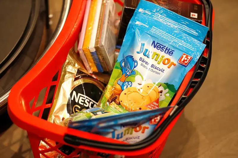 Shopping bag with Nestle products is pictured in the supermarket of Nestle headquarters in Vevey, Switzerland, February 13, 2020. REUTERS/Pierre Albouy