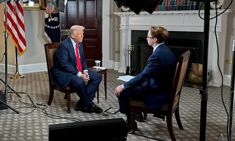 President Trump sits down with OAN’s Daniel Baldwin for an exclusive interview from the Roosevelt Room in the White House on October 1, 2025. (Photo courtesy: OAN)