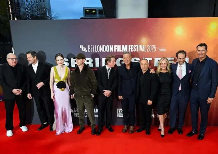 Scott Cooper, Odessa Young, Jeremy Strong, Jeremy Allen White, Bruce Springsteen, Stephen Graham, Ellen Goldsmith-Vein, Eric Robinson and Scott Stuber attend the premiere of "Springsteen: Deliver Me from Nowhere" at the London Film Festival in London, Britain, October 15, 2025. REUTERS/Jaimi Joy