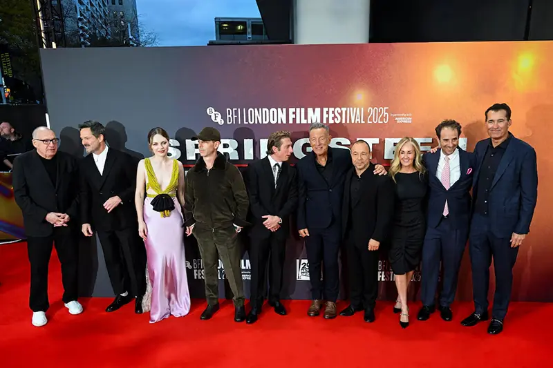 Scott Cooper, Odessa Young, Jeremy Strong, Jeremy Allen White, Bruce Springsteen, Stephen Graham, Ellen Goldsmith-Vein, Eric Robinson and Scott Stuber attend the premiere of "Springsteen: Deliver Me from Nowhere" at the London Film Festival in London, Britain, October 15, 2025. REUTERS/Jaimi Joy