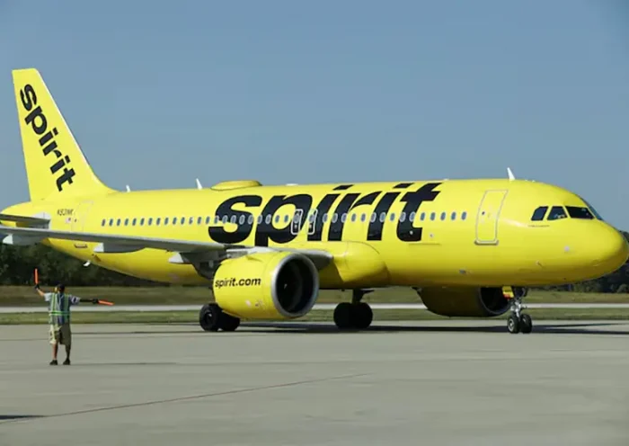 A Spirit Airlines flight arrives at Arnold Palmer Regional Airport in Westmoreland County, Pennsylvania, U.S., September 18, 2025. REUTERS/Quinn Glabicki/File Photo