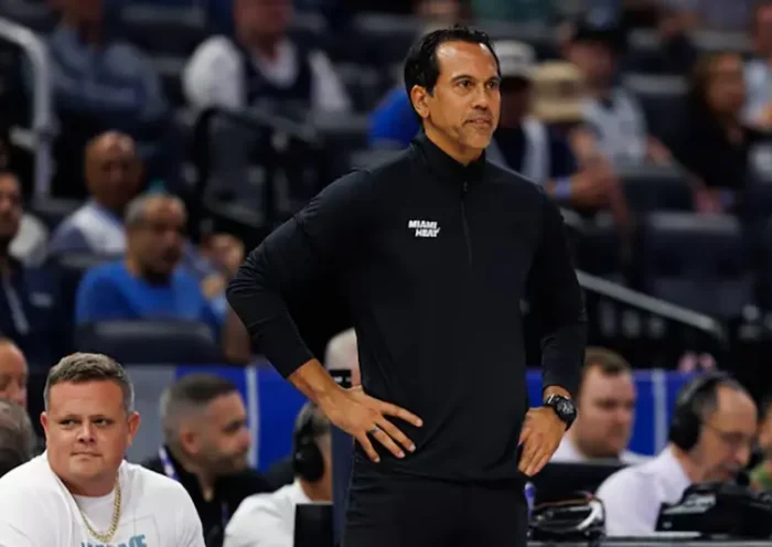 Miami Heat Head Coach Erik Spoelstra looks on against the Orlando Magic during the first half at Kia Center. Mandatory Credit: Matt Pendleton-Imagn Images