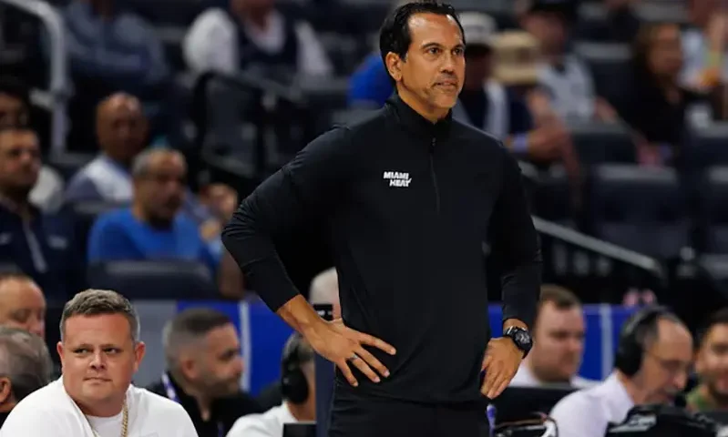 Miami Heat Head Coach Erik Spoelstra looks on against the Orlando Magic during the first half at Kia Center. Mandatory Credit: Matt Pendleton-Imagn Images