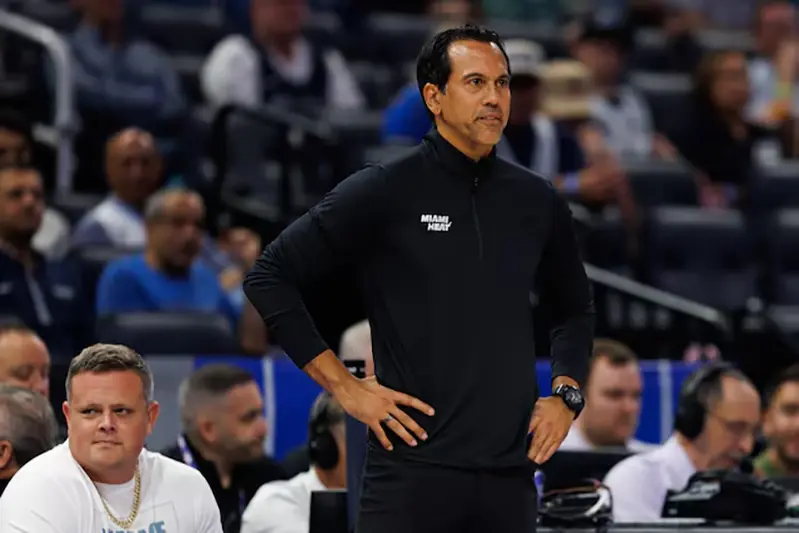 Miami Heat Head Coach Erik Spoelstra looks on against the Orlando Magic during the first half at Kia Center. Mandatory Credit: Matt Pendleton-Imagn Images